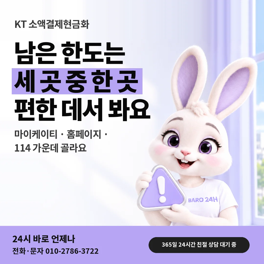 주의 표지판을 든 BARO 24H 티셔츠를 입은 3D 토끼 캐릭터 옆에 「KT 남은 한도 확인 문답」 제목을 얹은 안내 카드